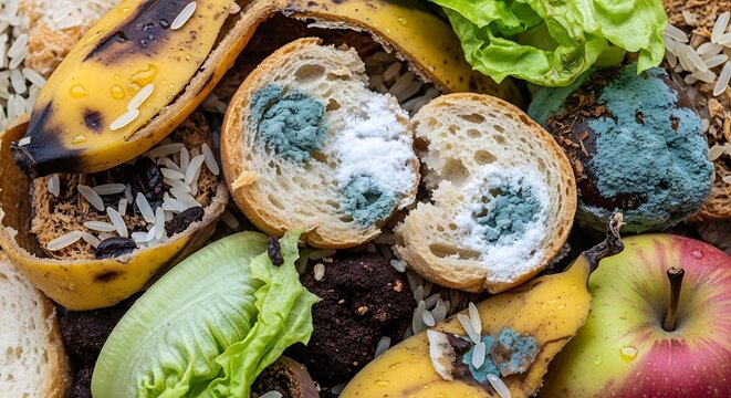 Top view of decomposing food waste including moldy bread fruit and vegetables