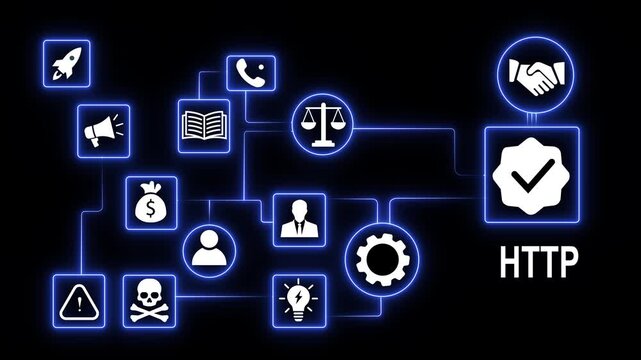 Digital network infrastructure concept featuring glowing neon blue representing http protocol, secure data transfer, global business connectivity, cybersecurity, and modern technological systems