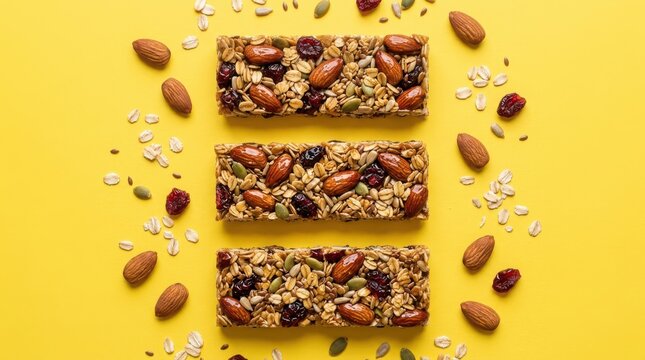 Three healthy granola bars with nuts, seeds, and dried berries arranged on a bright yellow background