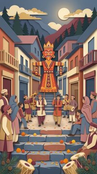 Dussehra Vijayadashami cultural procession with paper cut characters in festive street scene