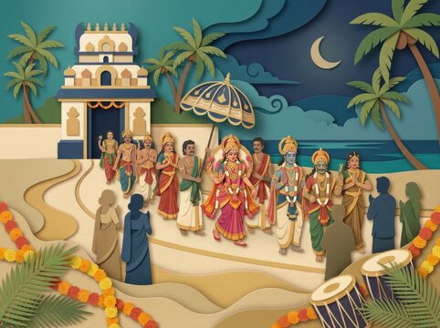 Dussehra Vijayadashami celebration in layered paper cut illustration with procession and symbols