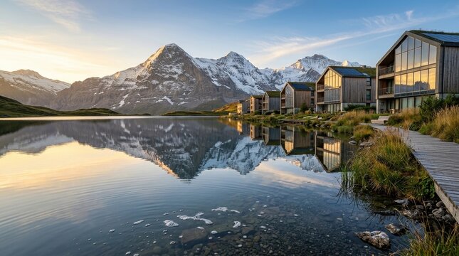Alpine lake reflecting mountain, advanced enterprise technology and data infrastructure concept
