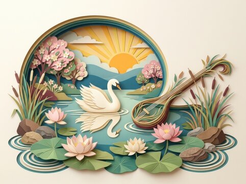Dussehra Vijayadashami layered paper cut illustration with swan lake scene and lotus flowers