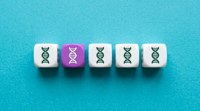 Five white and purple dice with DNA strand symbols printed on their faces arranged in a horizontal line on a textured teal surface capturing a concept of genetic variation or mutation manipulation