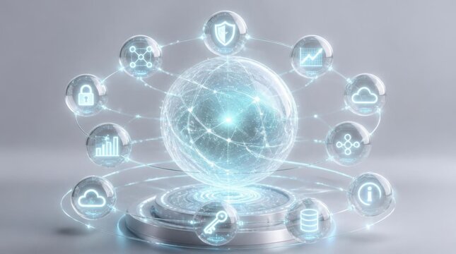 Digital globe connecting glowing sphere icons in cyberspace network