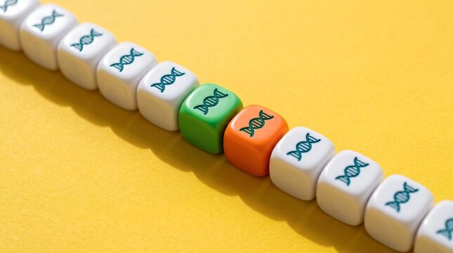 White blocks with DNA symbols aligned in a row featuring one green block and one orange block placed sequentially among them creating a distinct pattern representing biological code sequence