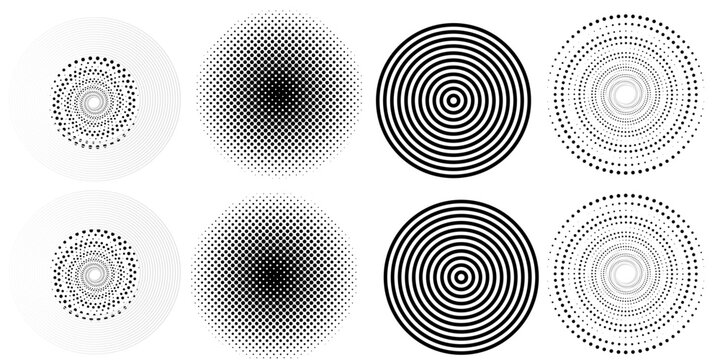 Black concentric circle set. Sonar or sound wave ring collection. Dotted and linear epicentre, target, radar icon concept. Ripple radial signal or vibration elements. Vector line and halftone symbols