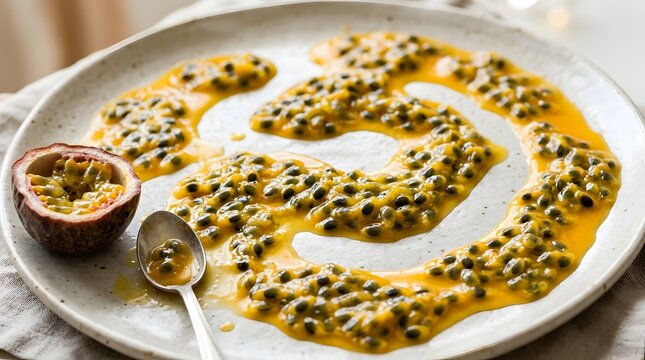 Fresh passion fruit pulp seeds arranged into year 2026 on a white plate with spoon and half fruit