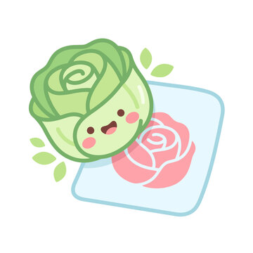 Cute cartoon cabbage character smiling on a plate with a pink rose.