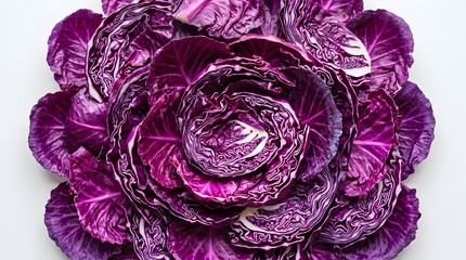 Obraz premium Fresh red cabbage leaves artistically arranged into a flower shape on a white background