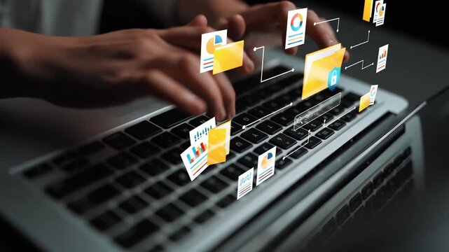 Hands typing on a laptop keyboard with digital file icons and security symbols representing data management and technology in a modern workspace Gluon.