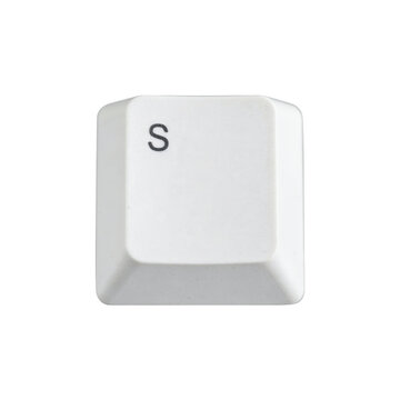 Single white computer keyboard key with the letter s printed in black isolated on a transparent background