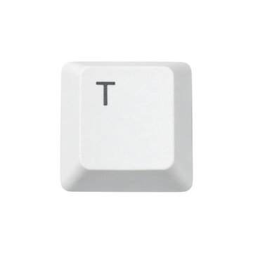 Single white computer keyboard key with the letter t printed in black isolated on a transparent background
