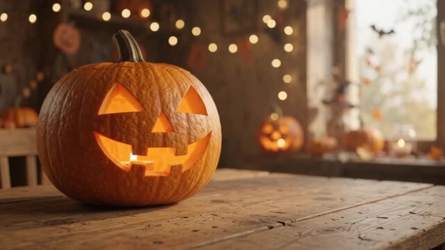 Glowing carved pumpkin rests on a rustic wooden table, surrounded by warm lights and seasonal decorations, creating a cozy Halloween atmosphere.