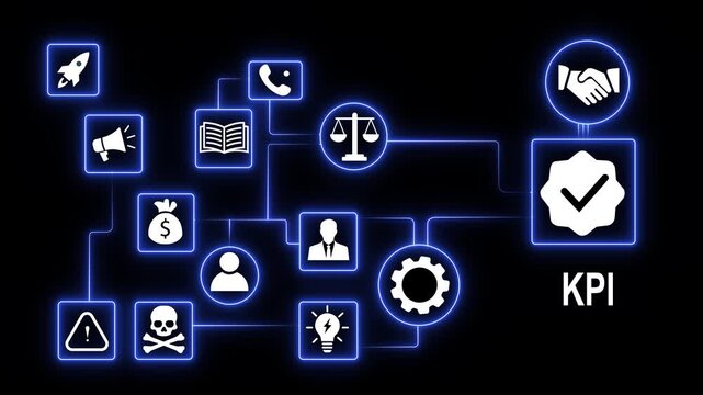 Dynamic digital kpi dashboard infographic featuring glowing neon blue network connections, business performance strategic growth metrics, and success checkmark symbols for corporate data analysis