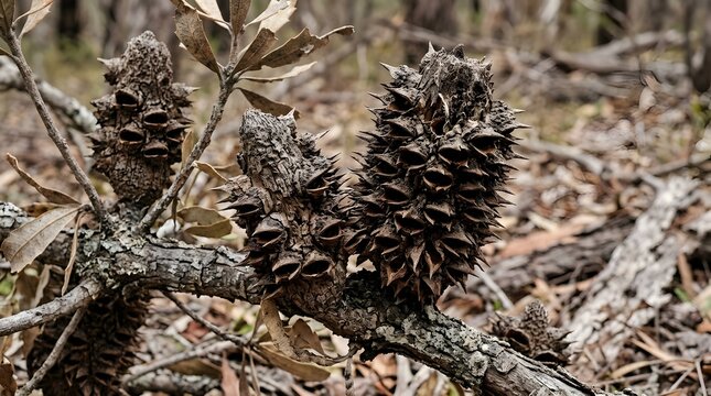 Dried banksia seed pods showcasing intricate woody structures in a natural Australian bushland