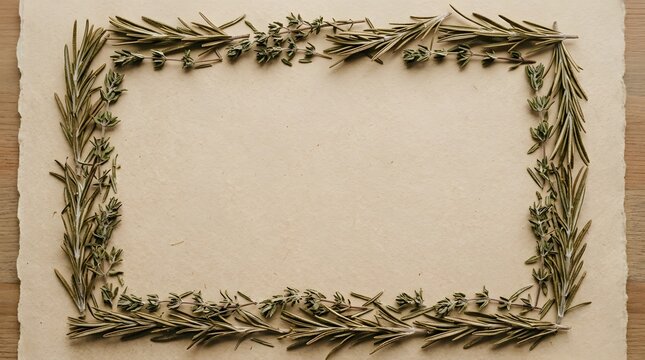 Dried rosemary and thyme herb sprigs arranged into a frame on vintage textured paper with copy space
