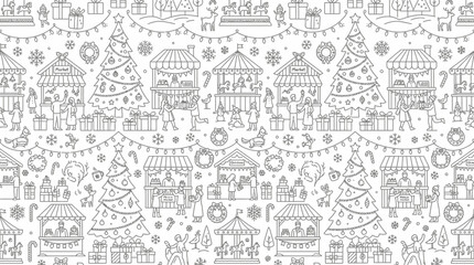 Fototapeta premium Christmas Market Pattern Seamless Line Art