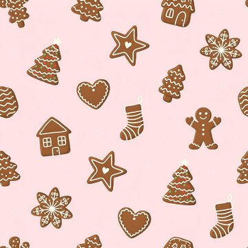 Christmas gingerbread cookie seamless pattern on pink background