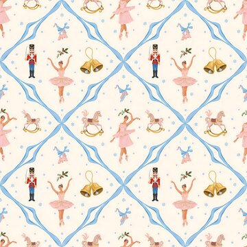 Christmas nutcracker ballet pattern with ballerinas toy soldiers rocking horses and gold bells