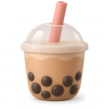 3D rendered boba milk tea with tapioca pearls and straw in plastic cup