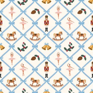 Christmas seamless pattern with nutcracker ballerina rocking horse and holly