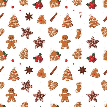 Christmas seamless pattern with gingerbread cookies and winter spices on a white background