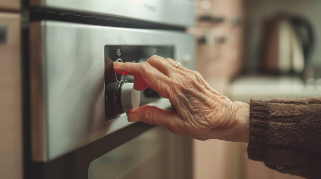 Elderly Woman Gently Adjusting Cooking Appliance Settings in Kitchen