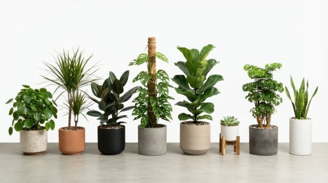 Collection of various indoor houseplants in different pots isolated on white background