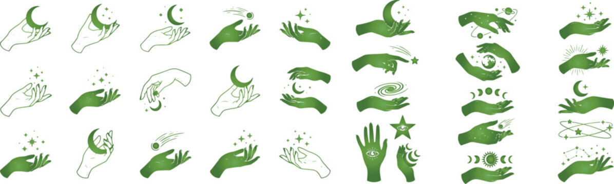 Set of mystic hands with moon stars and magic symbols in green and line art style