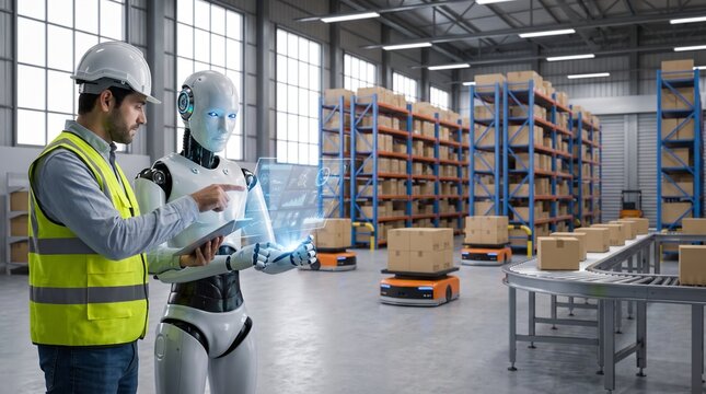 A warehouse worker and an AI robot collaborate using a digital interface to manage automated logistics, smart supply chain, and robotic operations.