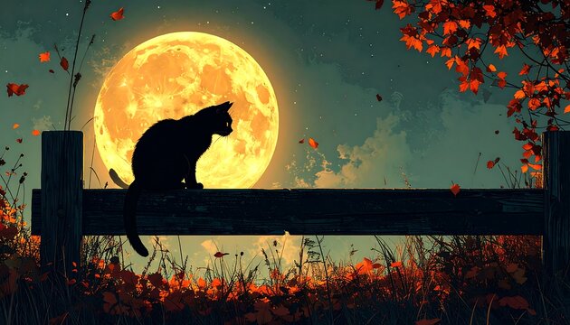 Silhouette of Black Cat Sitting on Wooden Fence Under Glowing Full Moon with Autumn Foliage for Halloween