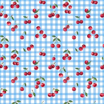 Seamless pattern of red cherries on a blue and white checkered gingham fabric background