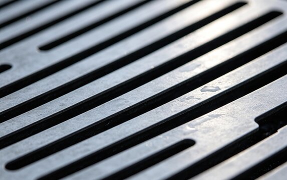 Minimalist Drainage Grate Top View, Parallel Metal Bars Water Sheen