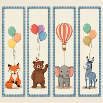 Set of four vertical bookmarks featuring cute animals with colorful balloons and a hot air balloon