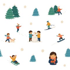 Fototapeta premium Winter seamless pattern with children playing in the snow and evergreen trees on white