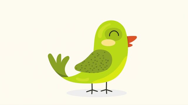 Cute green bird cartoon animation flying and landing on white background with motion graphics.