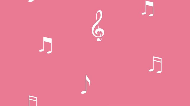 Animated white musical notes and treble clef symbols falling slowly on pink background in seamless loop.