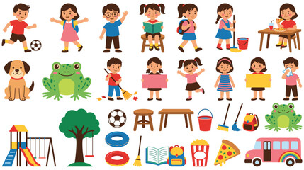 Fototapeta premium Kids school characters and classroom objects vector collection on white background.