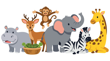 Fototapeta premium Cute cartoon zoo animals group featuring colorful wild creatures for children.