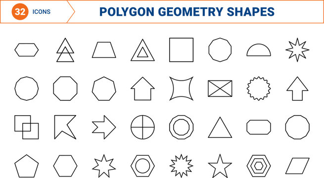 Geometric polygons line icon set. Vector pictograms of polygon, geometry, shape, and mathematical elements, thin linear illustration.