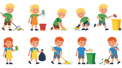 Fototapeta premium Little boy and girl cleaning up trash with various tools and actions.