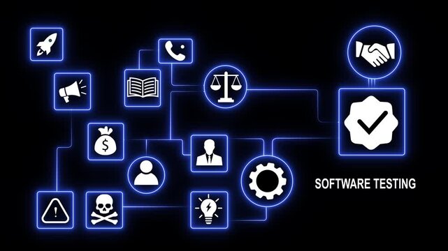 Comprehensive software testing and assurance process visualization featuring glowing neon digital network workflow connectivity, and system validation for modern tech infrastructure