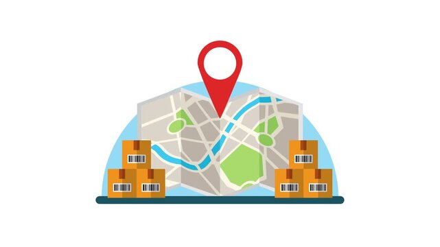 Animated map with delivery boxes and pin showing logistics and shipping service concept.