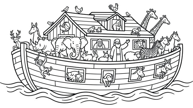 Noah ark bible story cartoon outline coloring book page for kids education.
