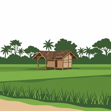 Flat landscape illustration of a wooden hut in green rice paddy field with palm trees