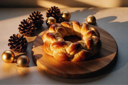 Golden braided bread wreath on round wooden board with pinecones and gold ornaments, festive holiday baking