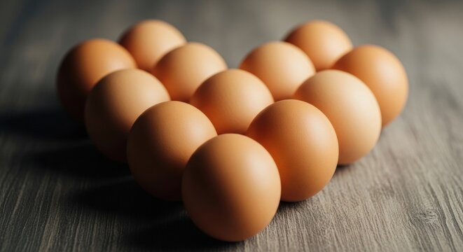 Group of fresh brown chicken eggs arranged in a heart shape on a textured dark wooden surface, featuring soft side lighting, realistic shadows, and a shallow depth of field.