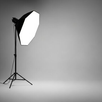 Professional octabox softbox on a black tripod stand in a photography studio with a neutral gray background. The light is turned on, showing a bright white diffuser surface.