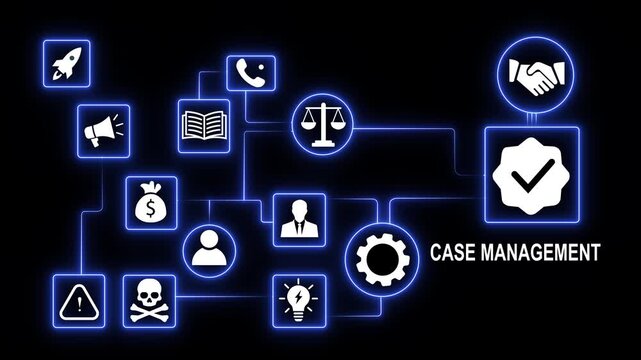 Dynamic case management infographic animation featuring glowing blue digital network nodes, legal scales, business and process workflow connectivity for corporate strategy and legal solutions